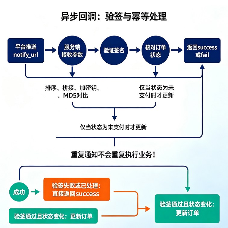 JSAPI支付异步回调验签与幂等处理示意图