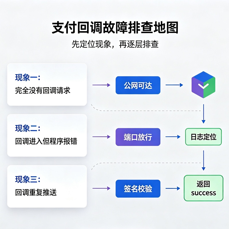 支付回调收不到排查流程示意图：notify_url 异步通知从支付平台到商户服务器的链路